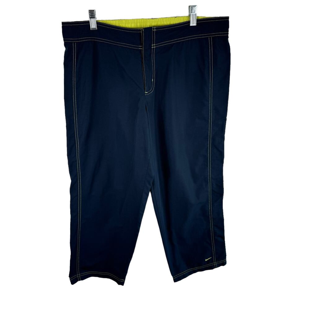 Nike Navy Blue Yellow Trim Elastic Waist Cropped High Rise Track Pants Size L